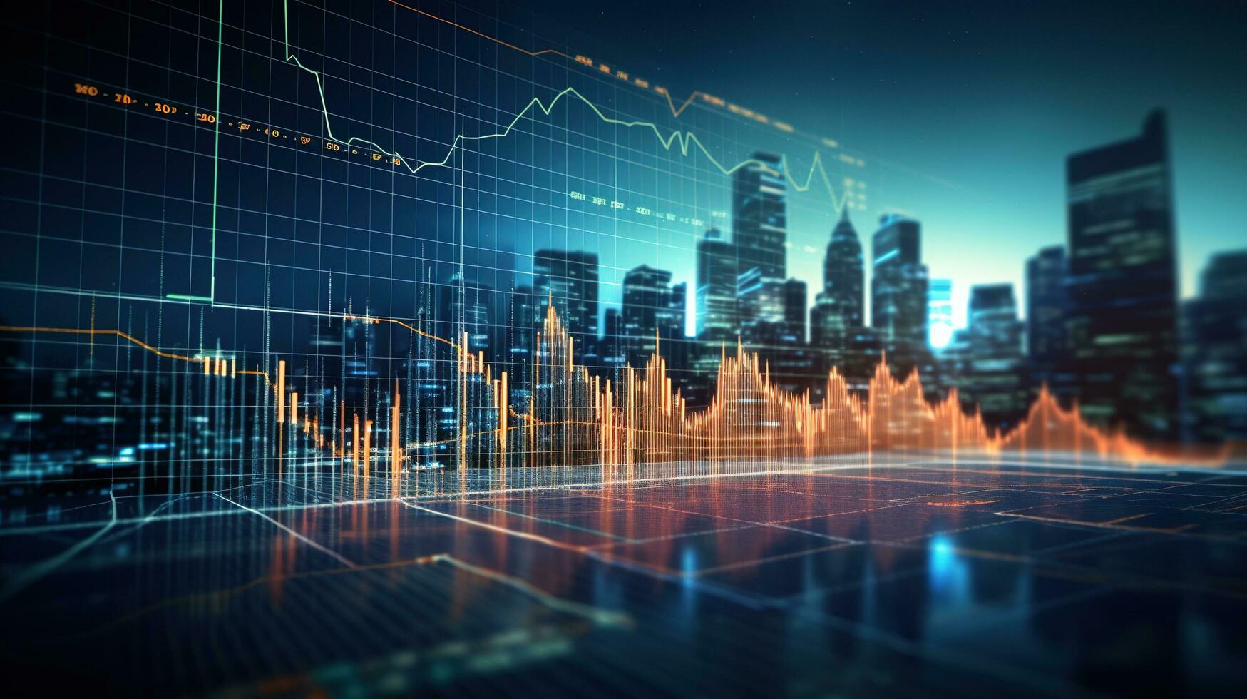 an image of a city with a stock chart and a graph. generative ai photo