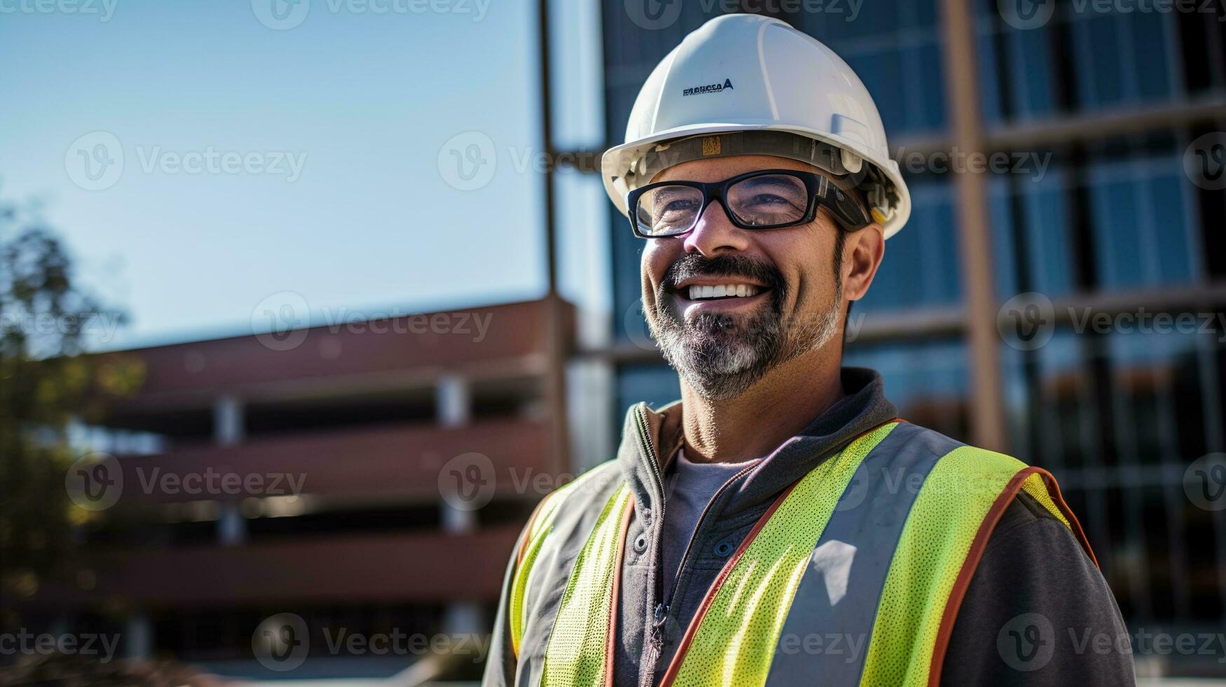 a smiling man in a hard hat and safety vest. AI generative photo