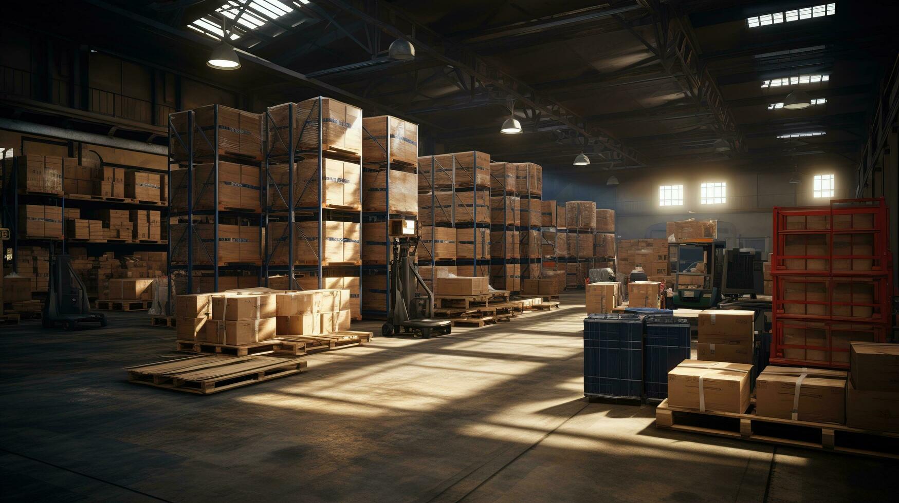 a warehouse with boxes and forklifts. AI generative photo
