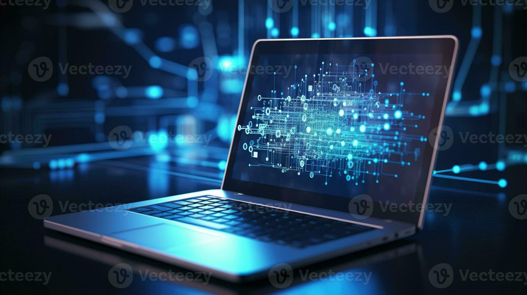 laptop with digital data on screen. AI generative photo