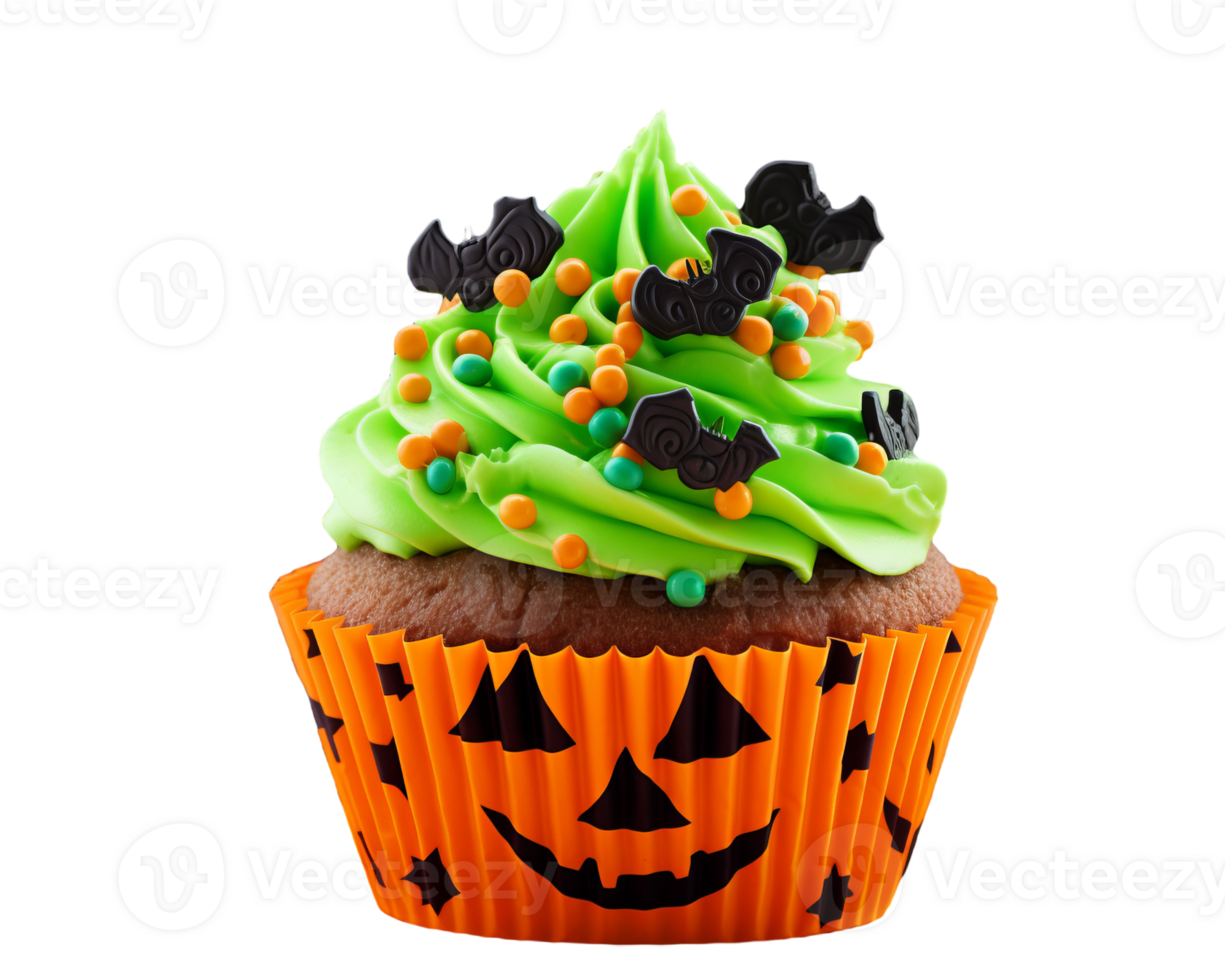 Green cream with bat halloween cupcake isolated on transparent background png