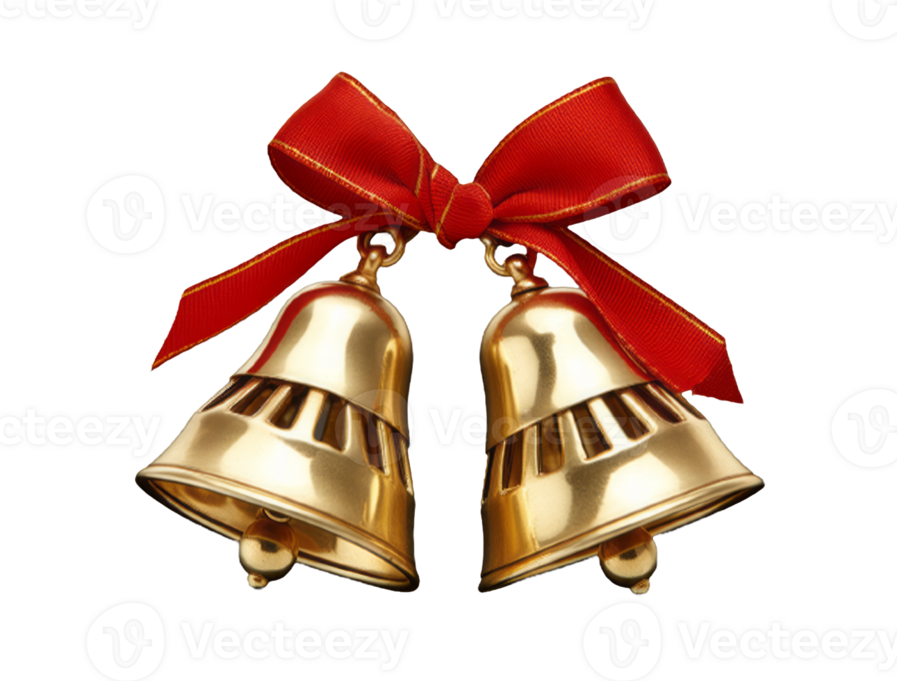 Golden Christmas bells with red bow isolated on transparent background png
