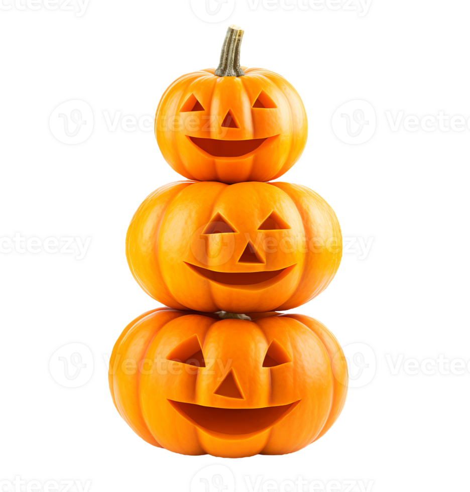 Stacked three jack o lantern carved pumpkins for halloween isolated on transparent background png