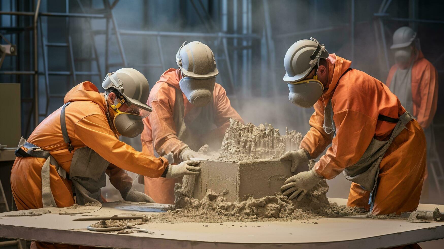 Tres trabajadores en naranja mono son trabajando en un grande pedazo de cemento. ai generativo foto