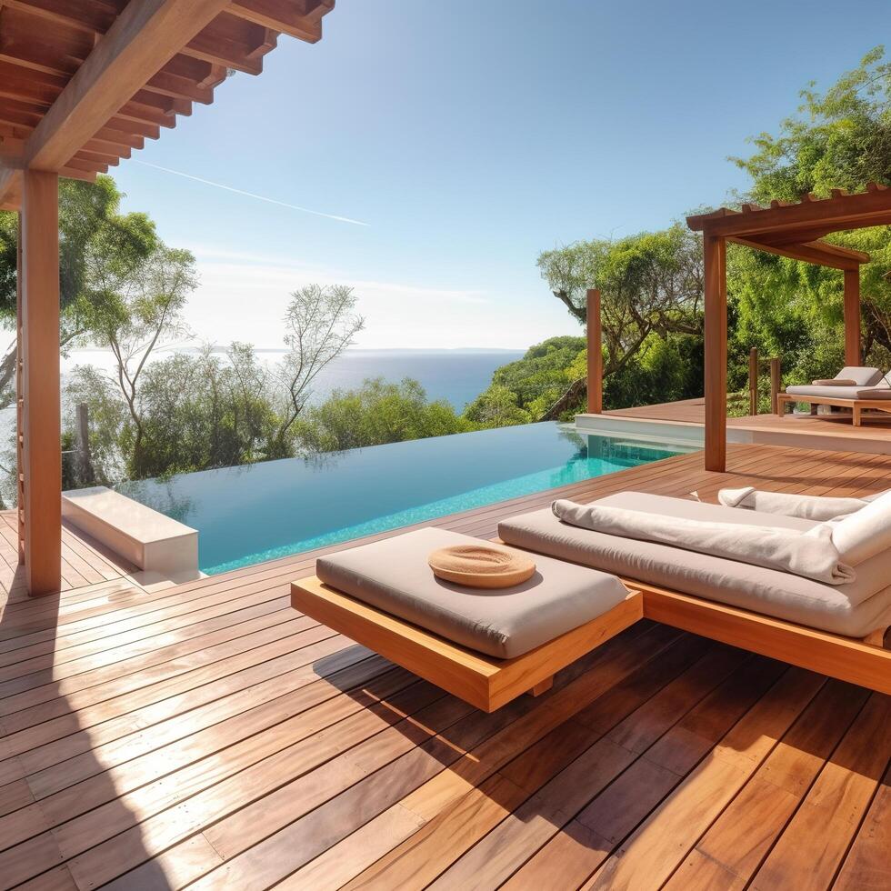 un de madera cubierta con salón sillas y un piscina. ai generativo foto