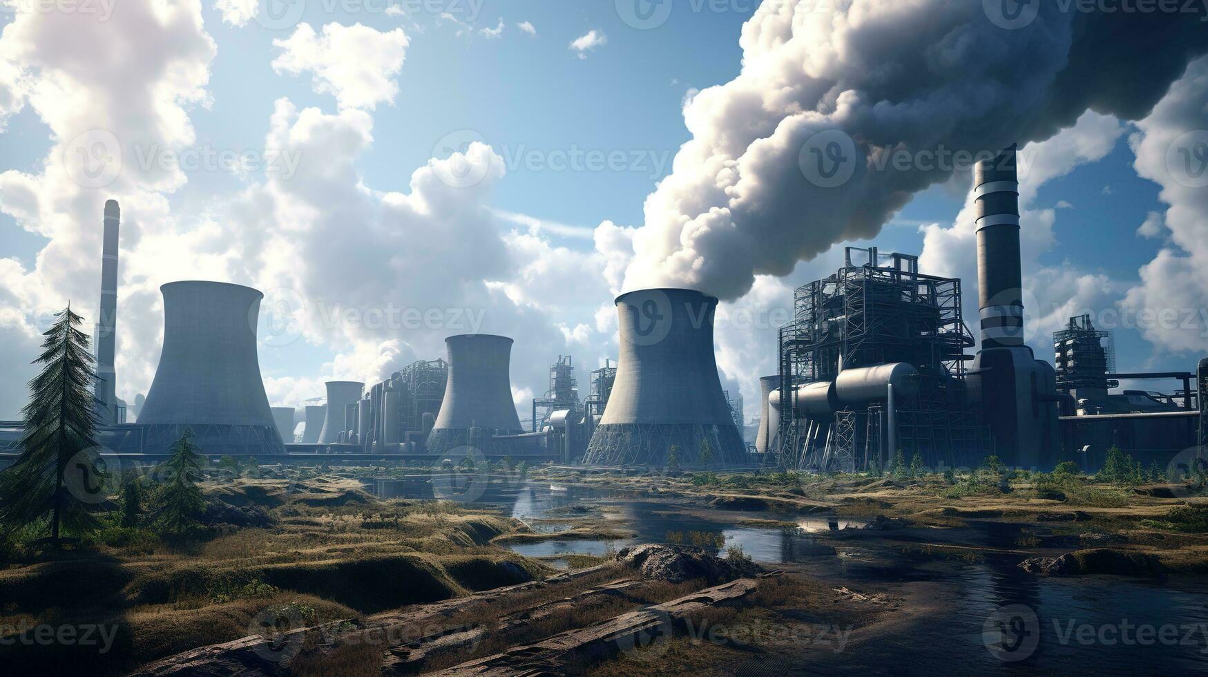a large industrial plant with smoke coming out of it.  AI generative photo