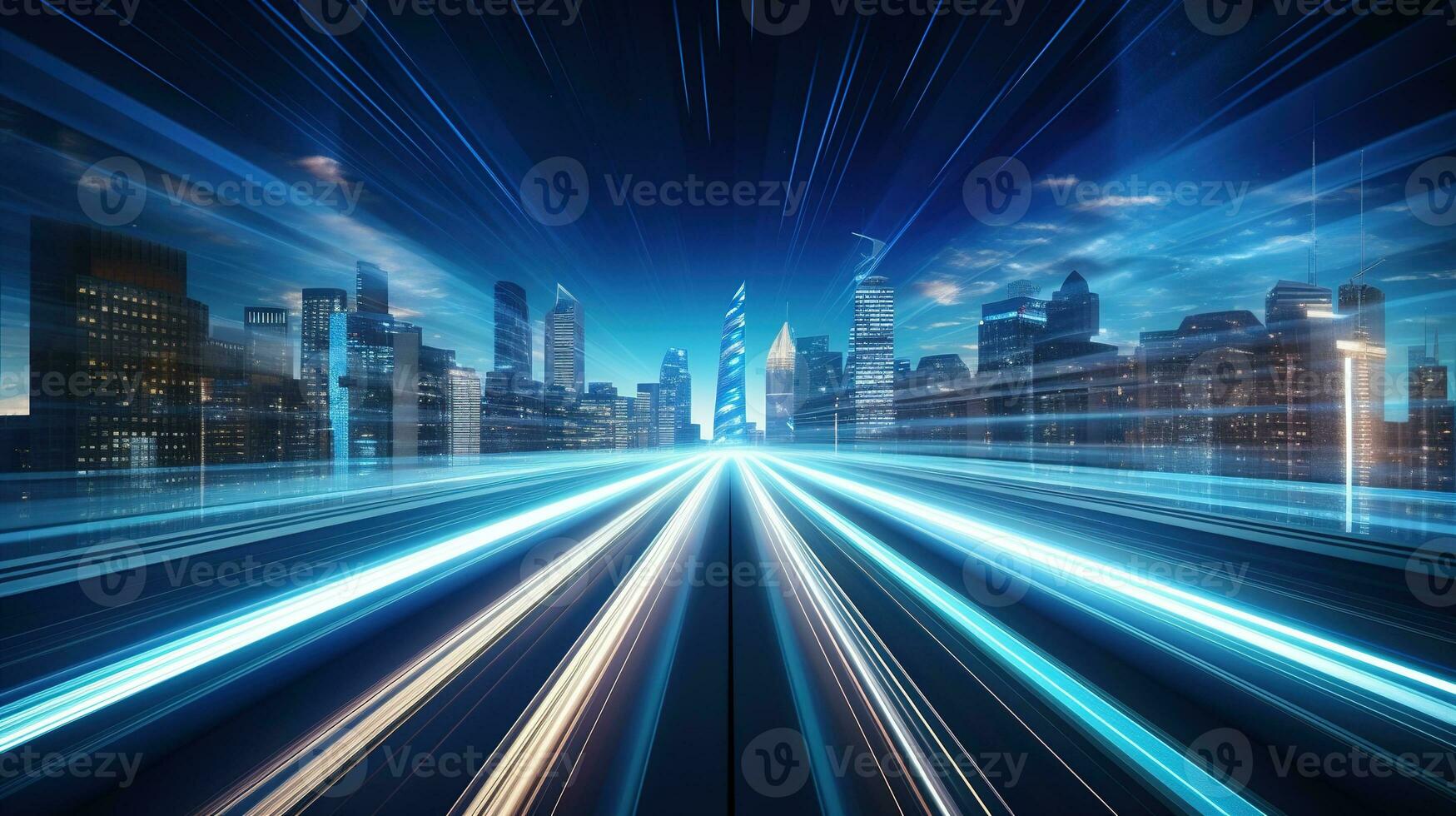 a cityscape with light trails and a city skyline.  AI generative photo