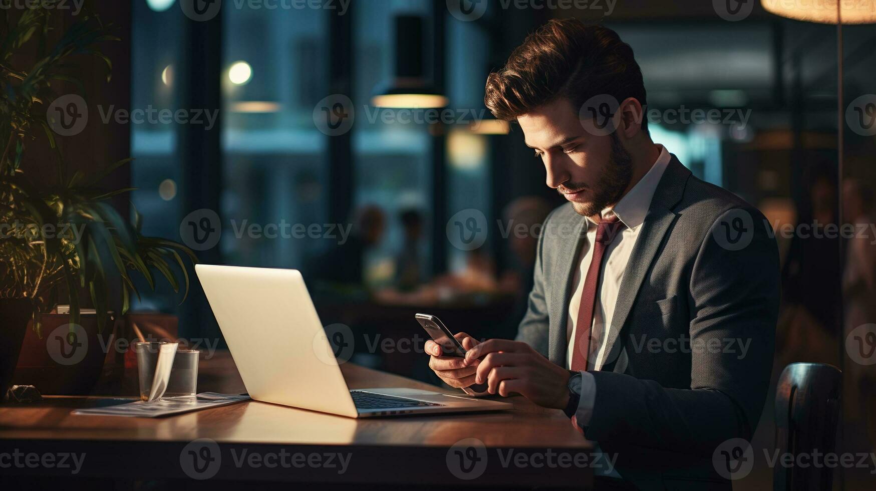 a man in a suit is using his phone while sitting at a table. AI Generative photo