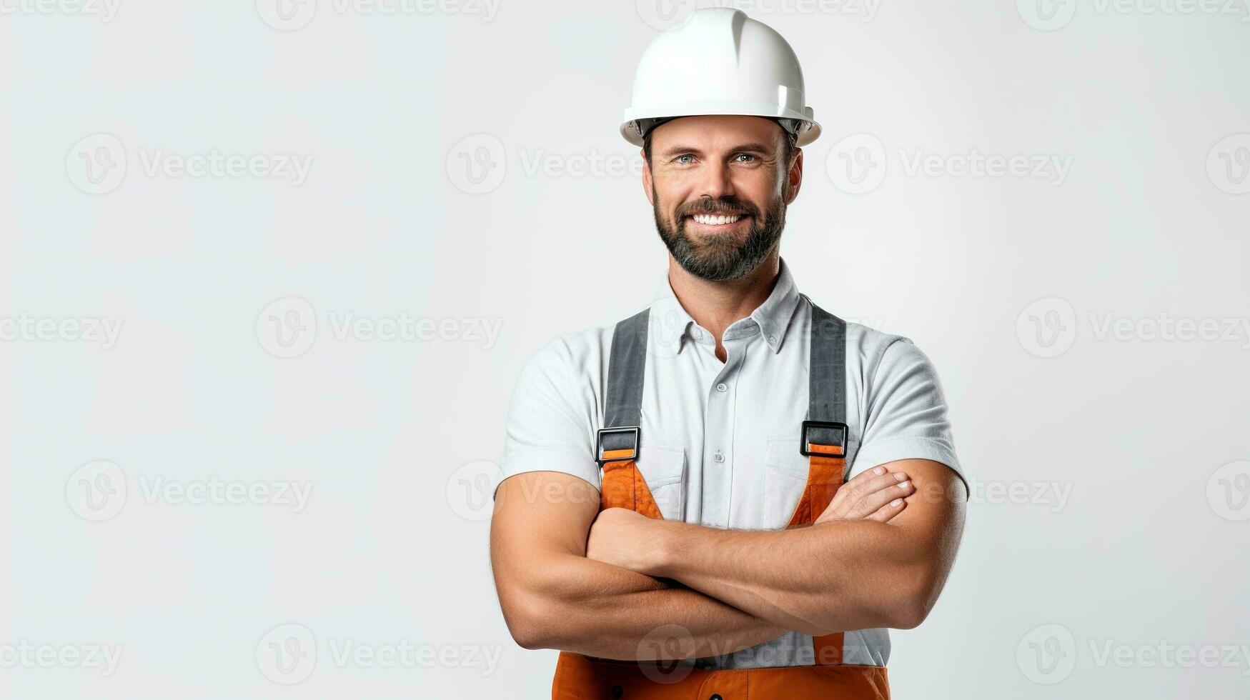portrait of smiling male construction worker isolated on white background. generative ai photo