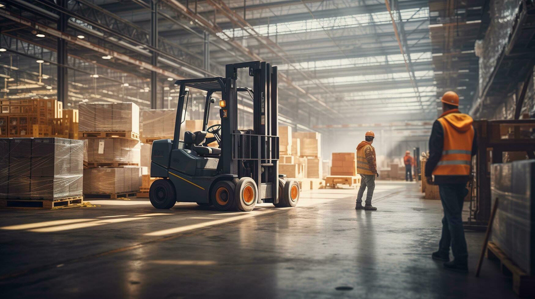 a forklift truck in a warehouse with workers.  AI generative photo