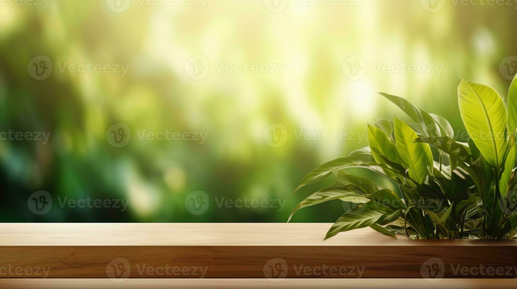 green plant on wooden shelf with blurred background, generative ai. photo