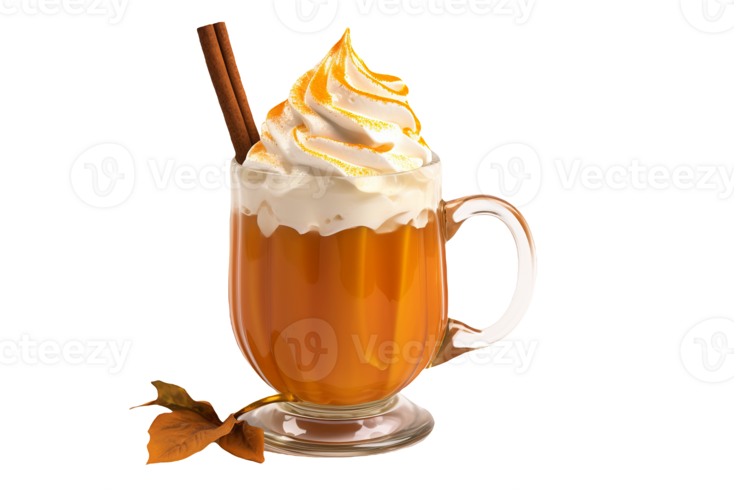 Pumpkin spice latte with leaf isolated on transparent background png