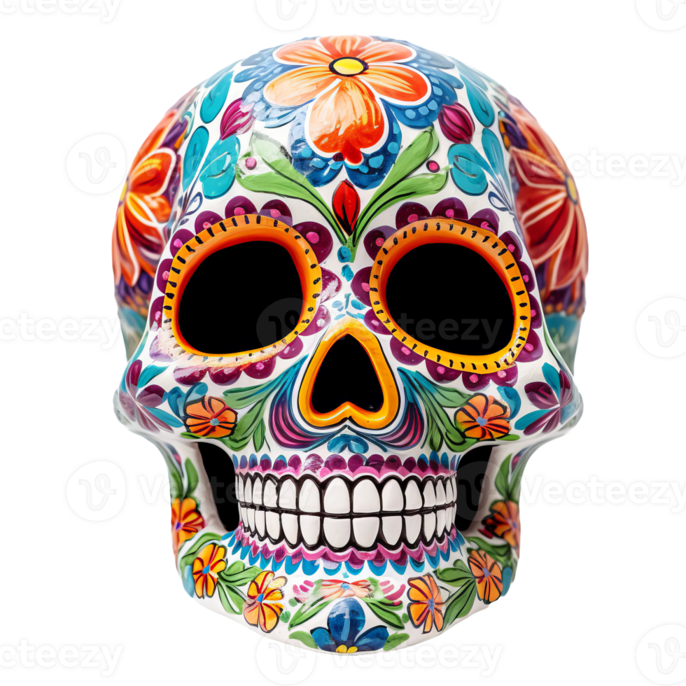 Mexico decorated white skull, dia de los muertos skull isolated on transparent background png