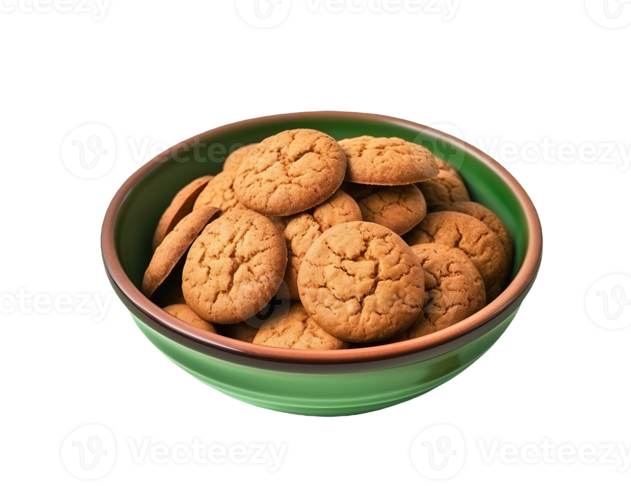 Traditional Dutch oatmeal cookie pepernoot in green bowl isolated on transparent background png