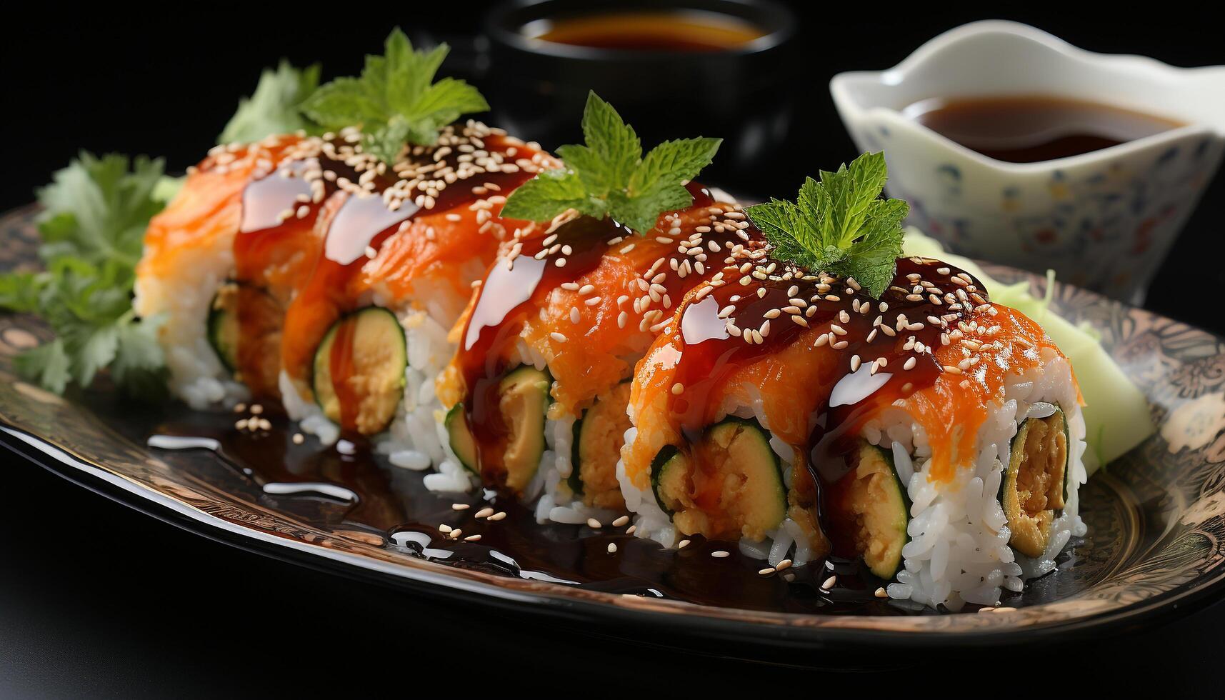 Freshness of seafood on plate, close up of gourmet sashimi meal generated by AI photo