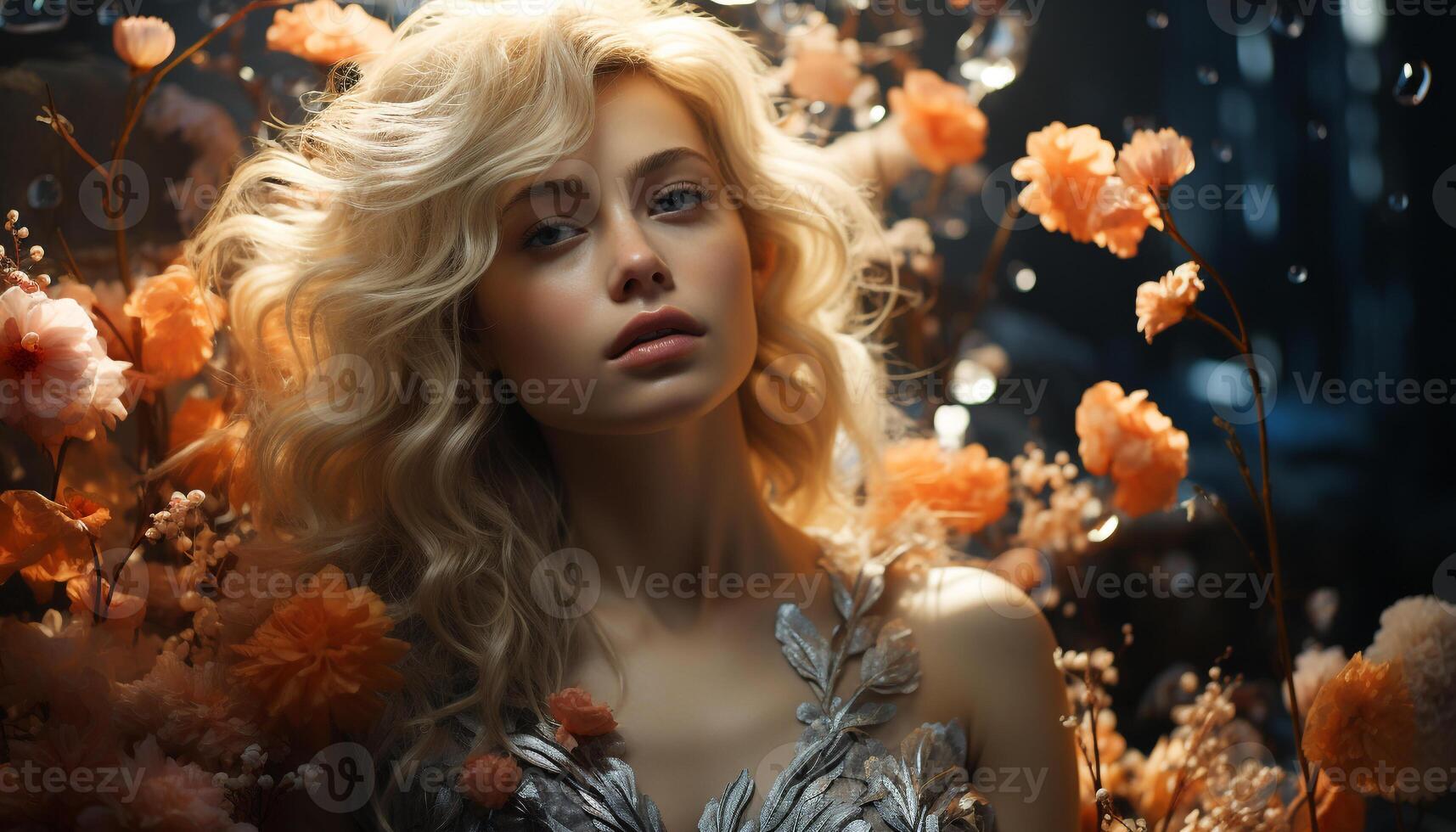 A beautiful young woman with blond hair smiles in nature generated by AI photo