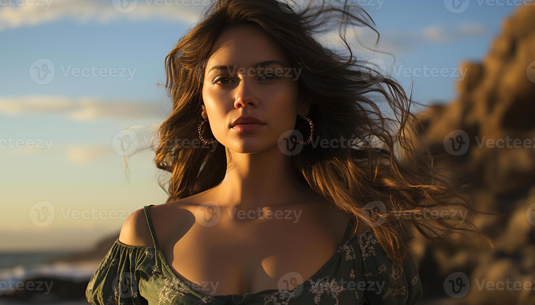 Young woman in nature, enjoying the sunset, radiating beauty and happiness generated by AI photo