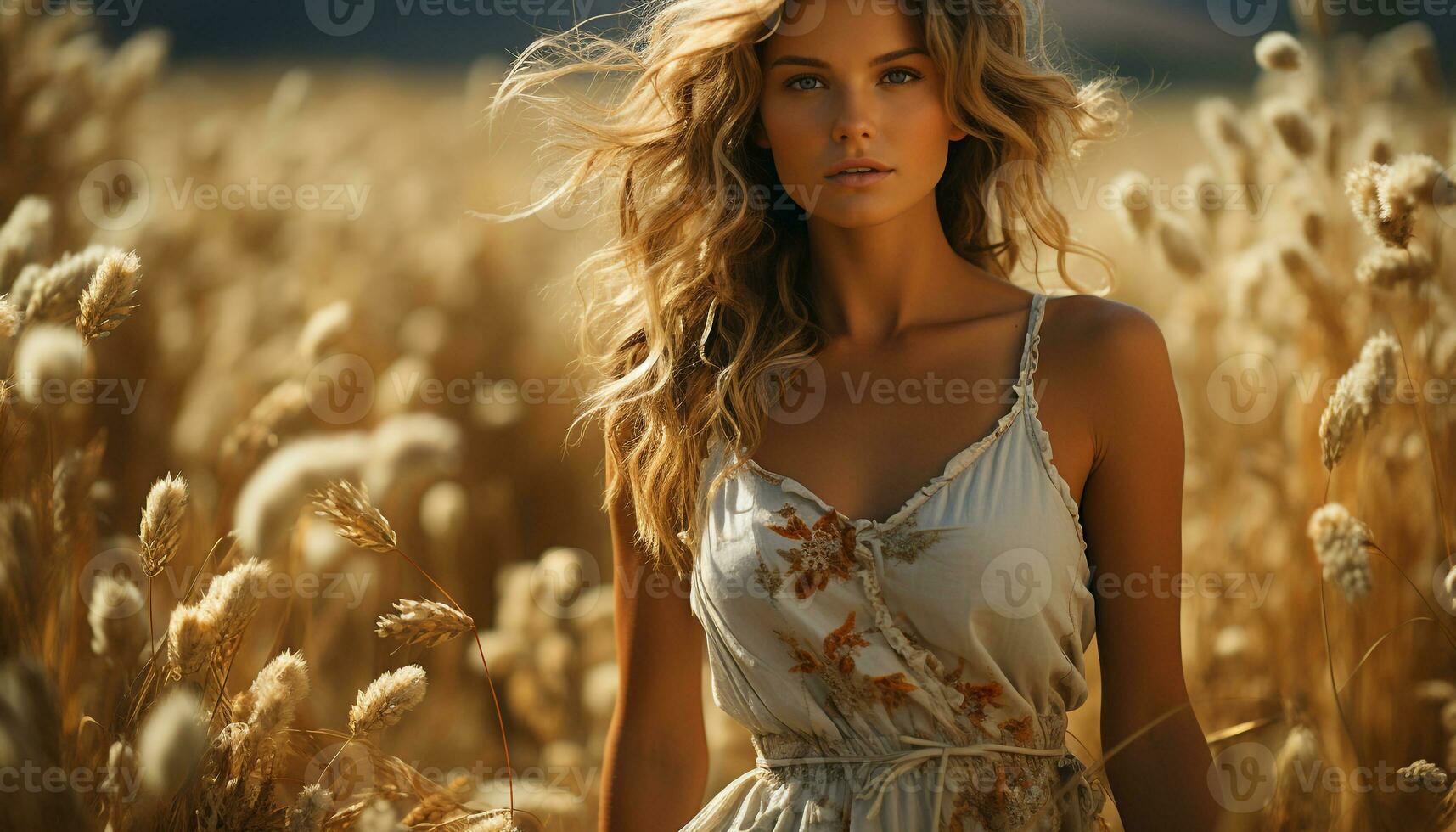 Young adult woman enjoying the outdoors in a summer meadow generated by AI photo