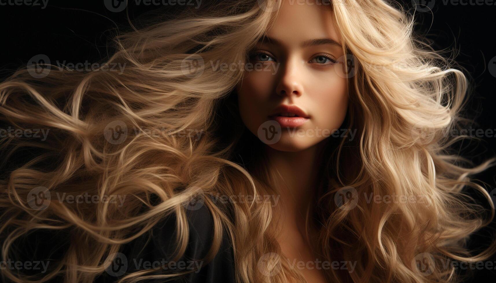 Beautiful woman with long blond hair, looking at camera, smiling generated by AI photo