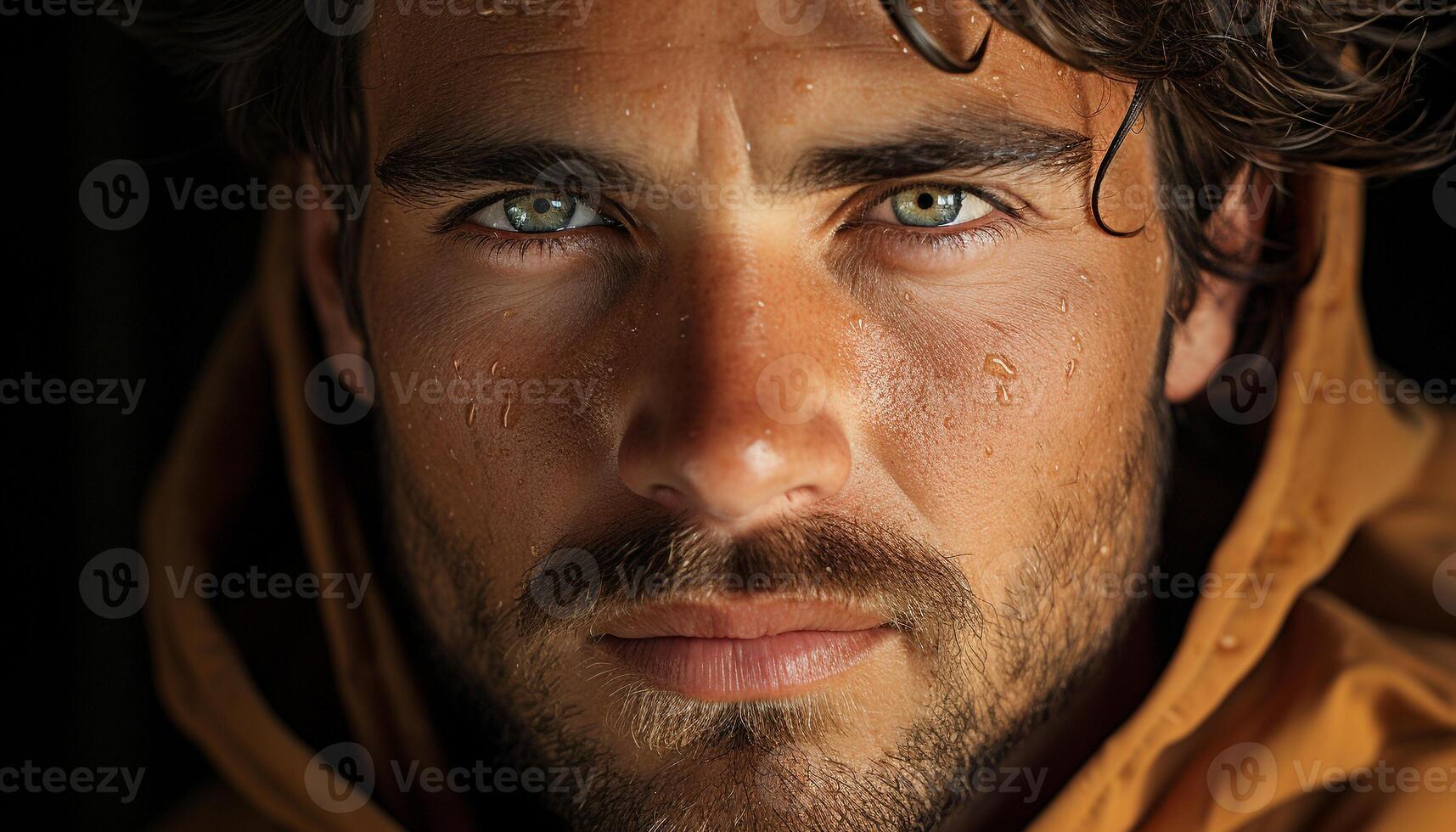 Serious young man with beard looking confidently at camera outdoors generated by AI photo