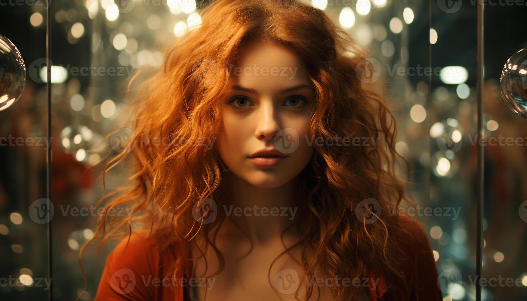 A beautiful young woman with long brown hair and elegance generated by AI photo