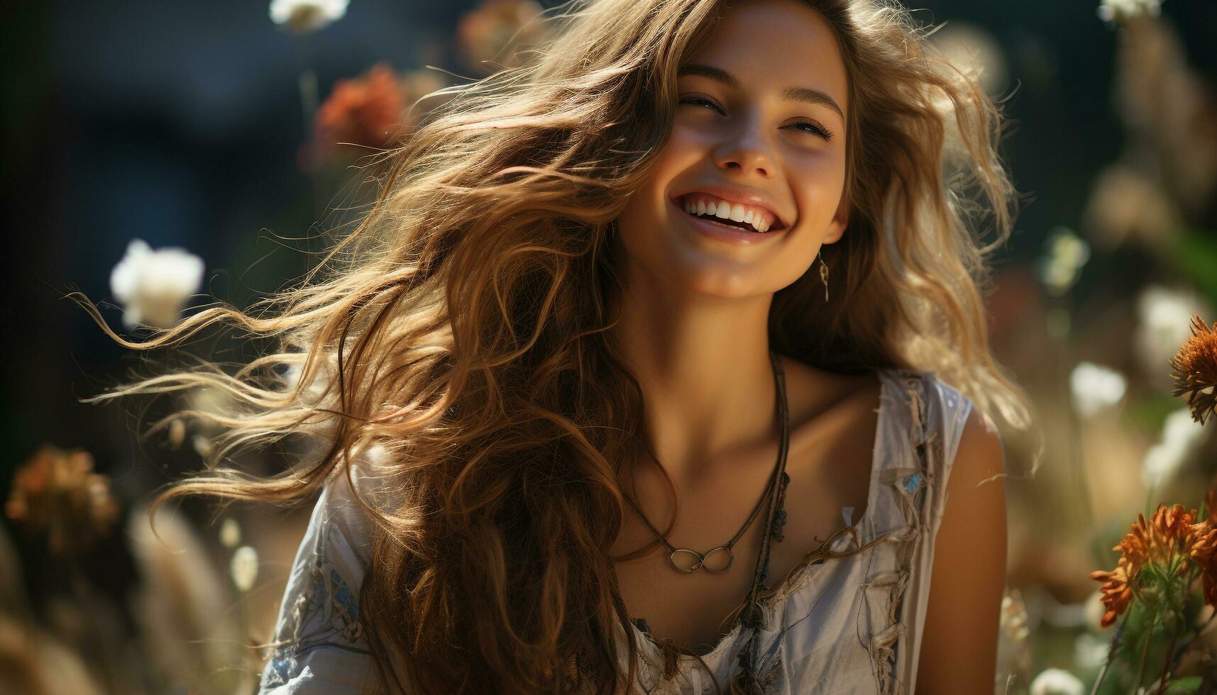 Smiling woman outdoors, enjoying nature, carefree and full of happiness generated by AI photo