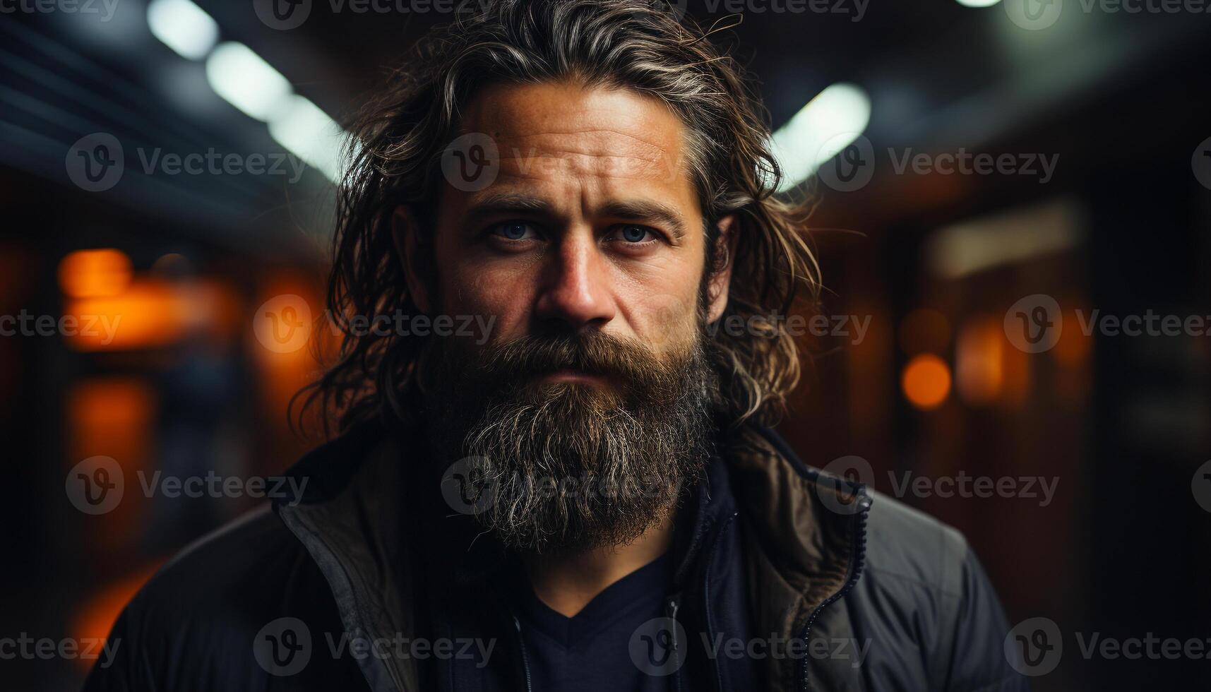 A confident, serious man with a beard looking at the camera generated by AI photo