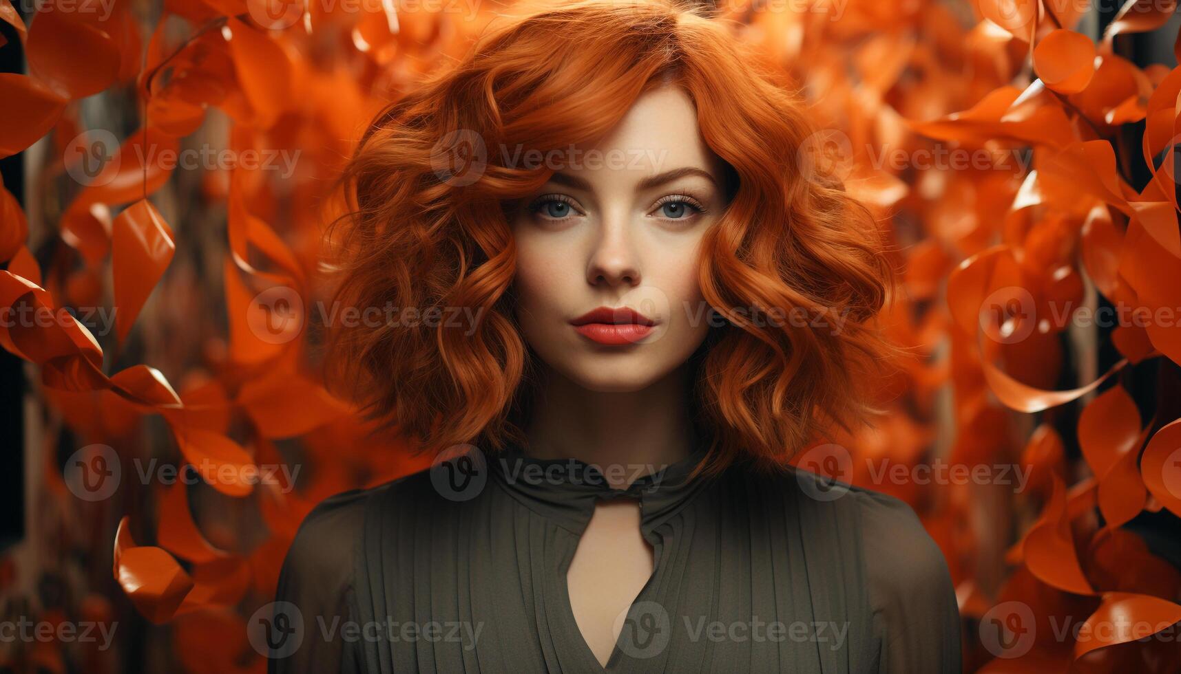 A beautiful young woman with curly red hair and a yellow dress generated by AI photo