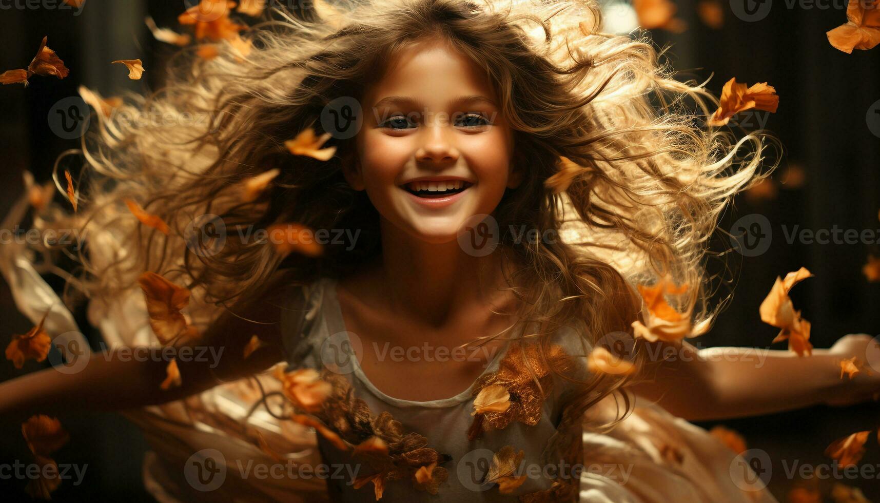 Smiling girl enjoys autumn, throwing leaves, carefree and happy generated by AI photo