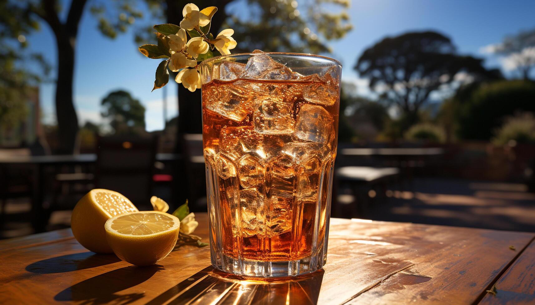 refrescante cóctel en un de madera mesa, Perfecto para verano relajación generado por ai foto