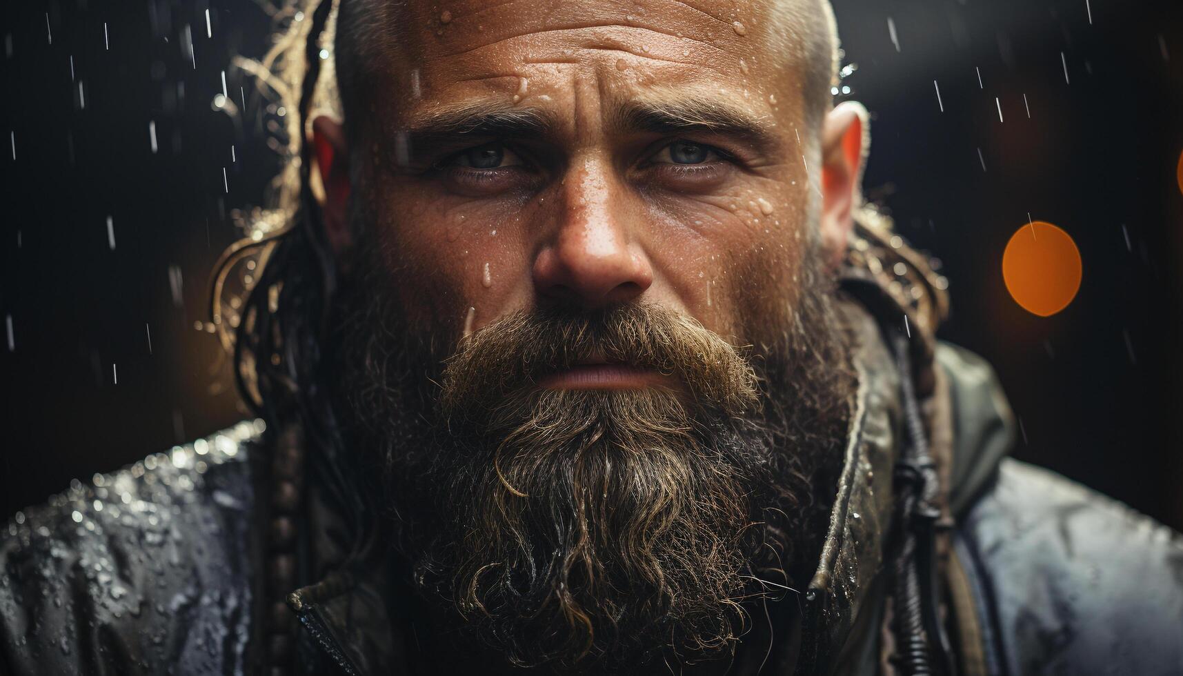 A wet man with a beard looking at camera in rain generated by AI photo