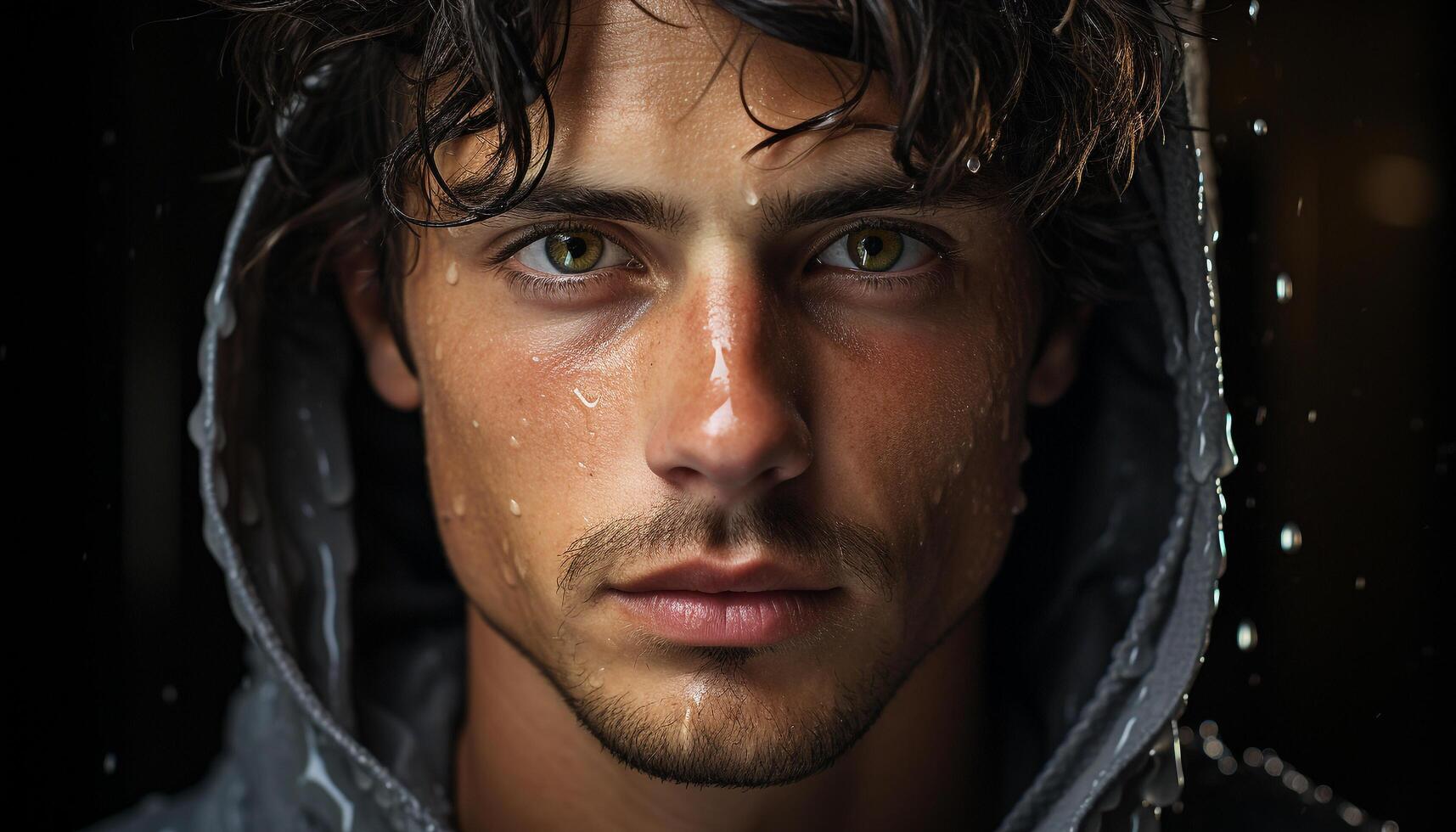 One wet man looking at camera, raindrop on face generated by AI photo