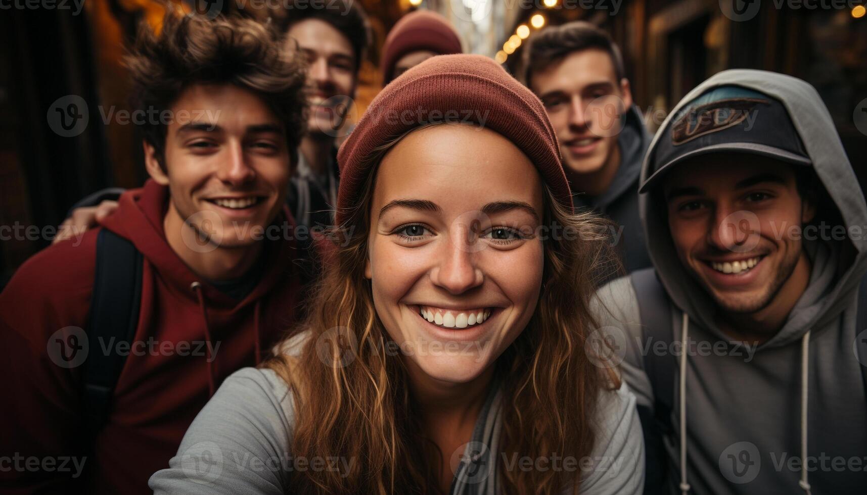 Smiling men and women, young adults, cheerful friendship outdoors generated by AI photo