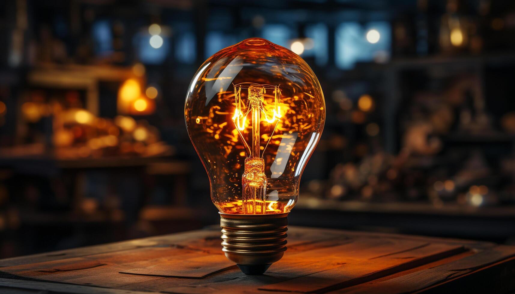 Bright glowing light bulb illuminates dark table, sparking creativity and innovation generated by AI photo