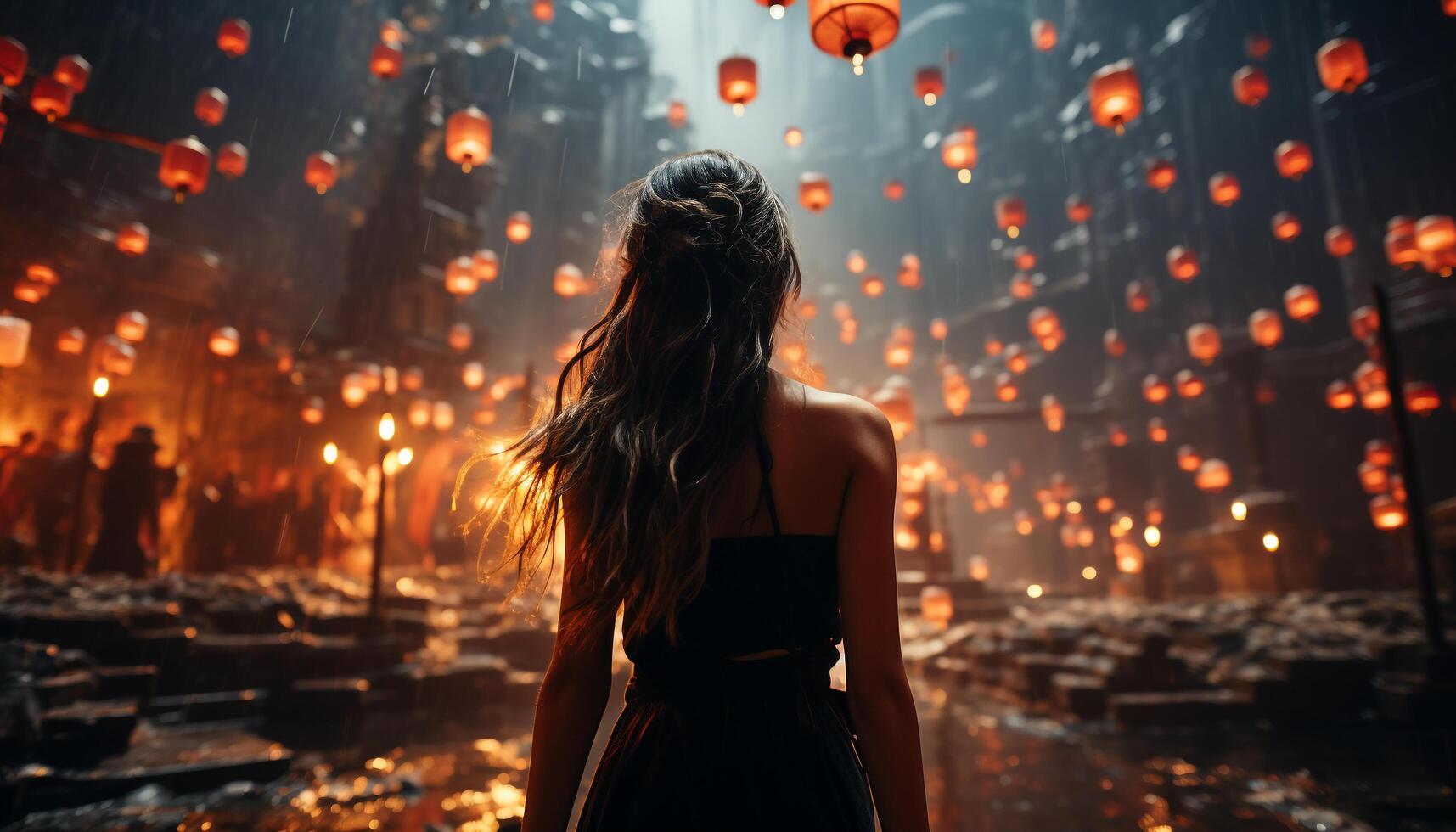 Young adult woman standing outdoors in a city, smiling and celebrating generated by AI photo