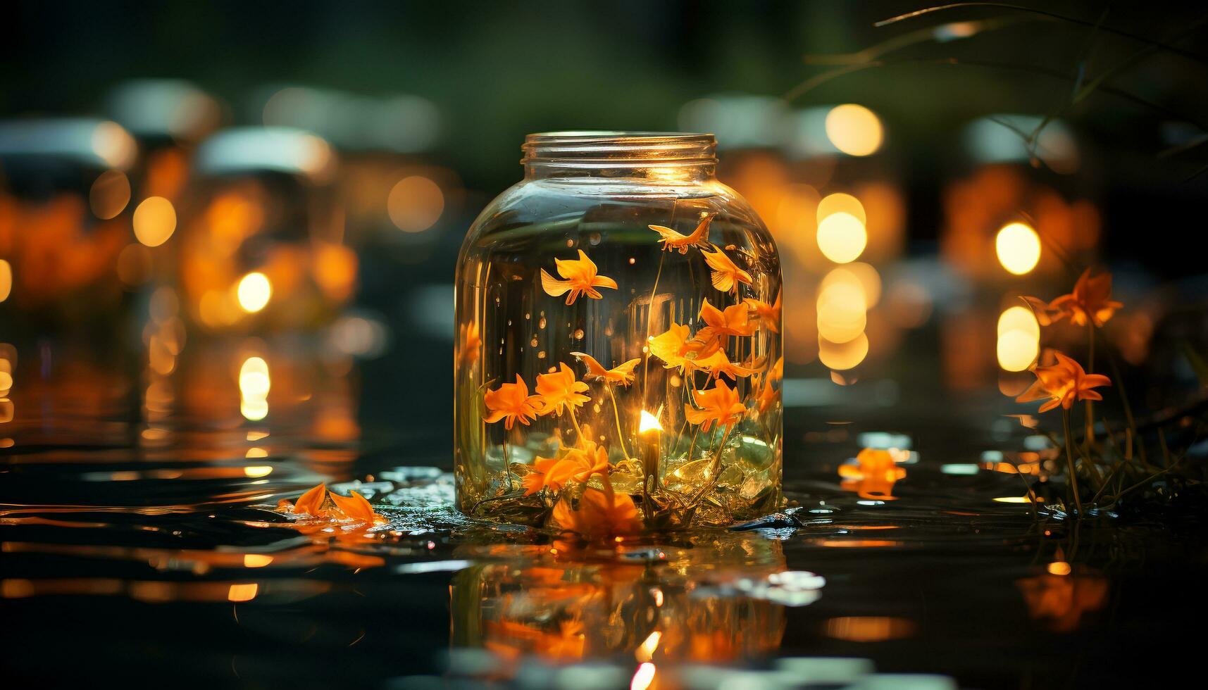 Glowing candle illuminates dark night, reflecting on water surface generated by AI photo