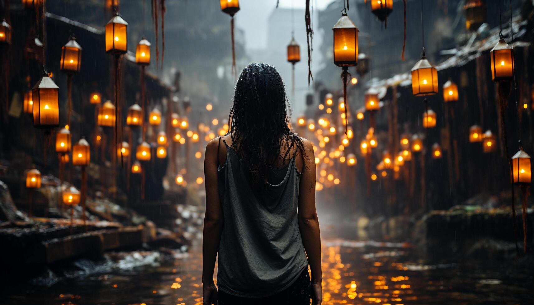 A young woman walking alone at night, illuminated by lantern generated by AI photo