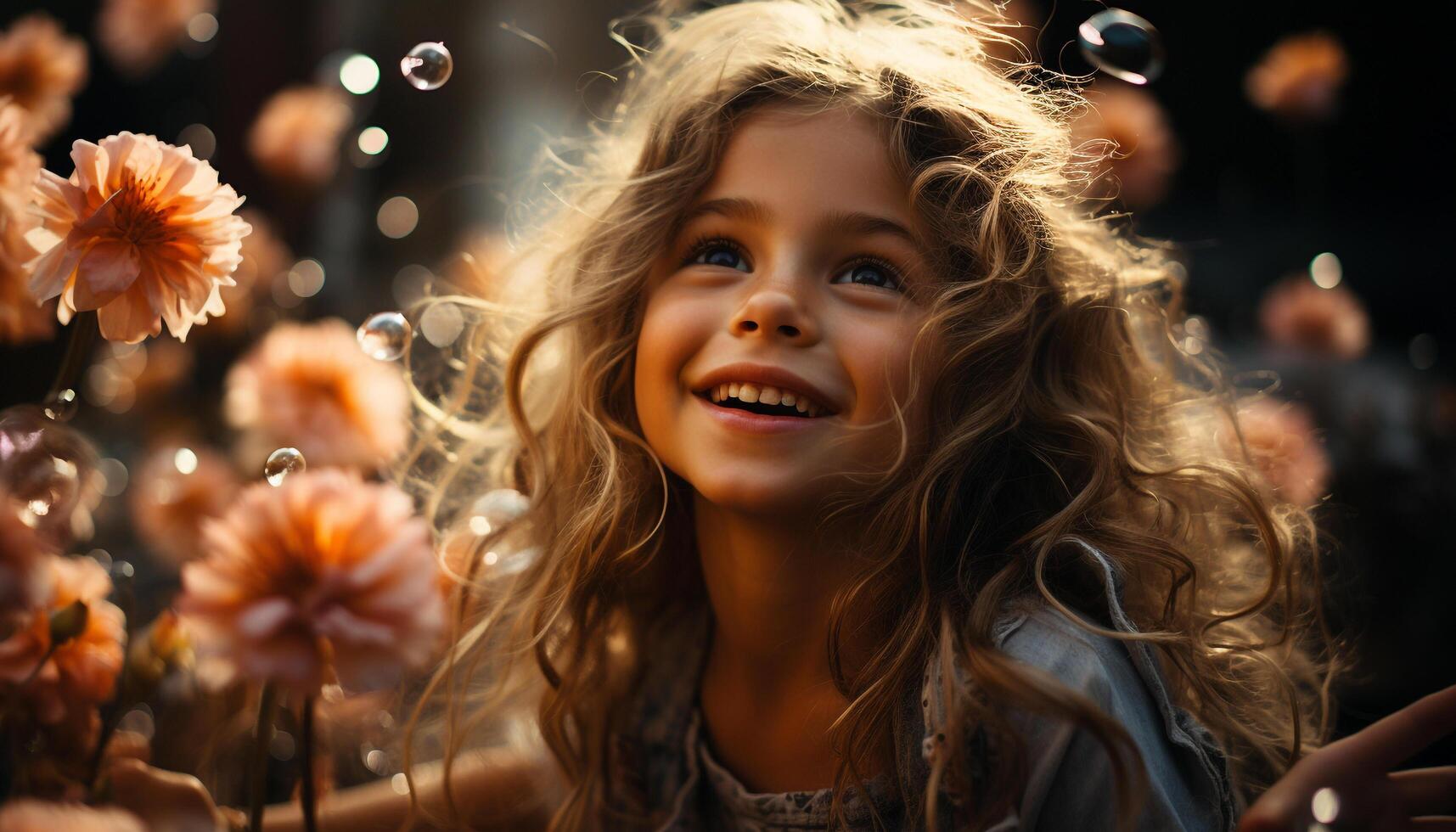 A cheerful girl, outdoors, enjoying nature, smiling with carefree joy generated by AI photo