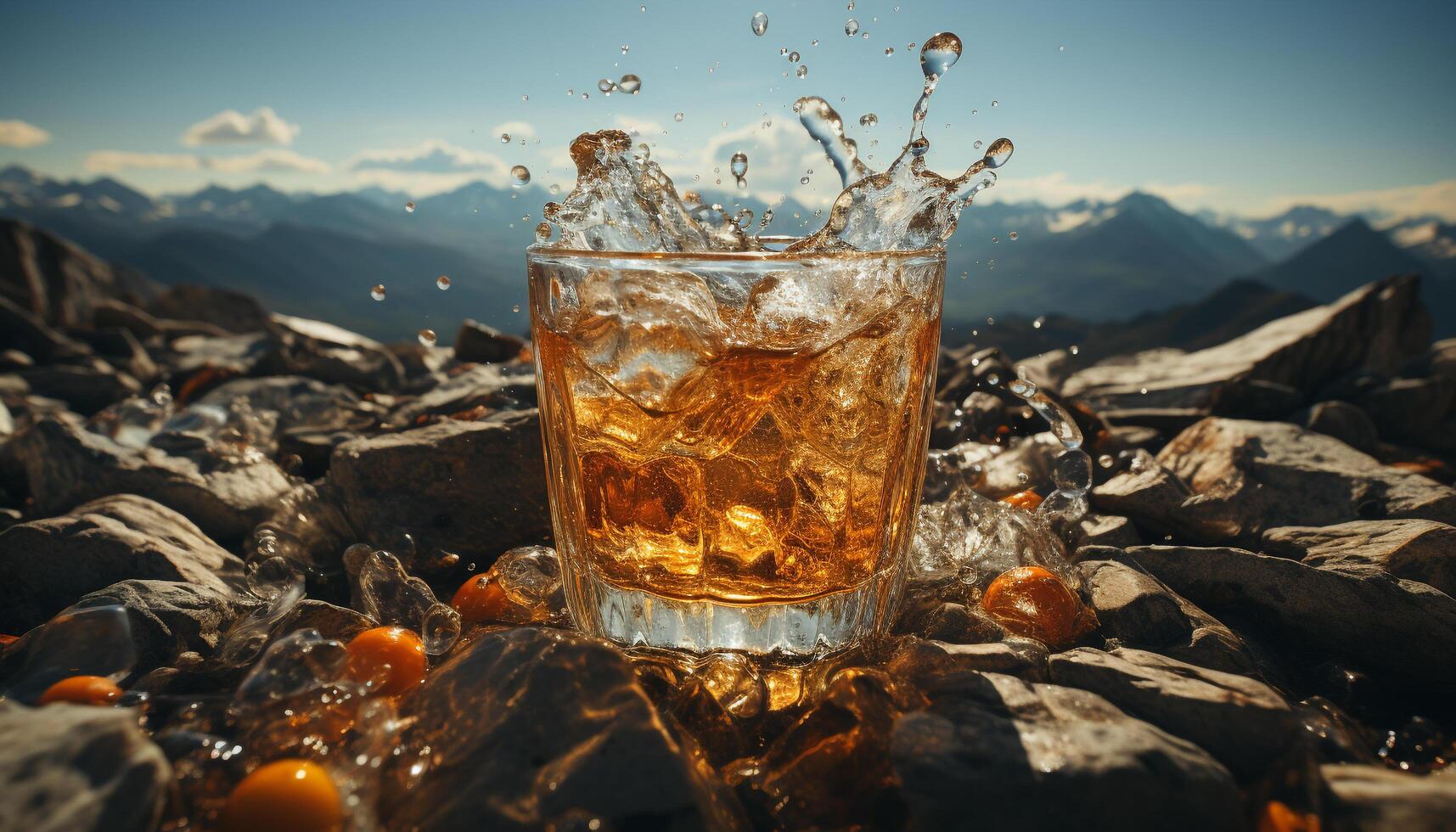 Ice cold whiskey pours into glass, refreshing drink for outdoors generated by AI photo