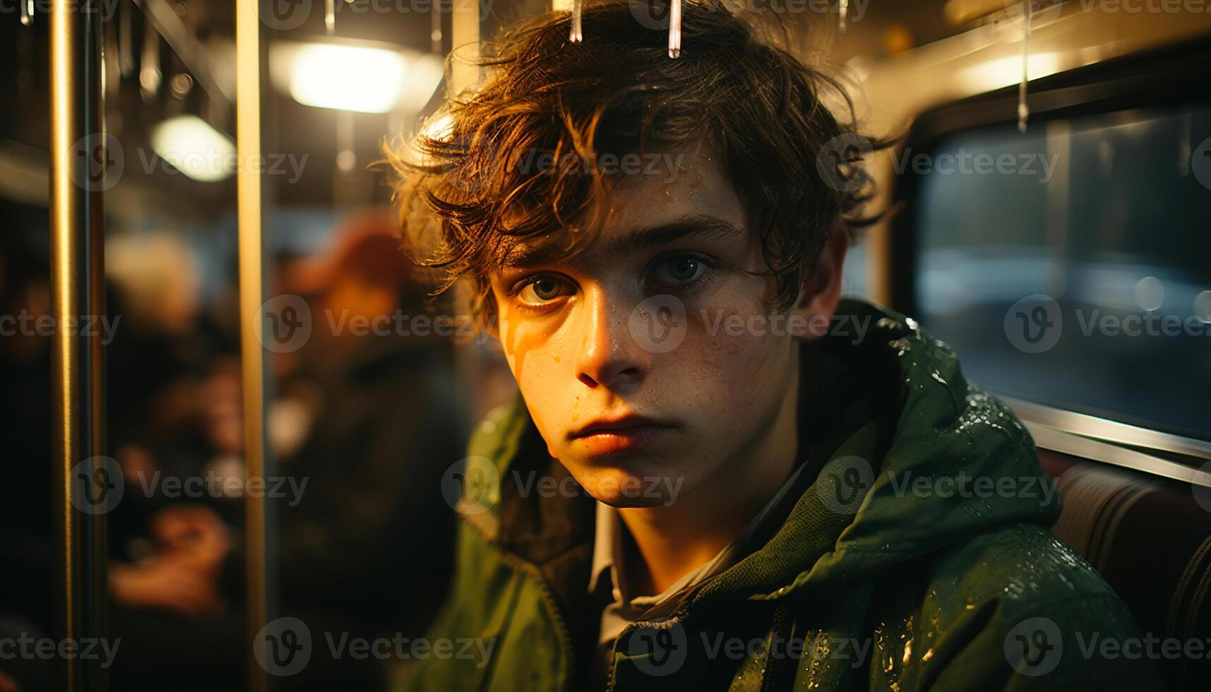 A young adult man looking at camera in the rain generated by AI photo