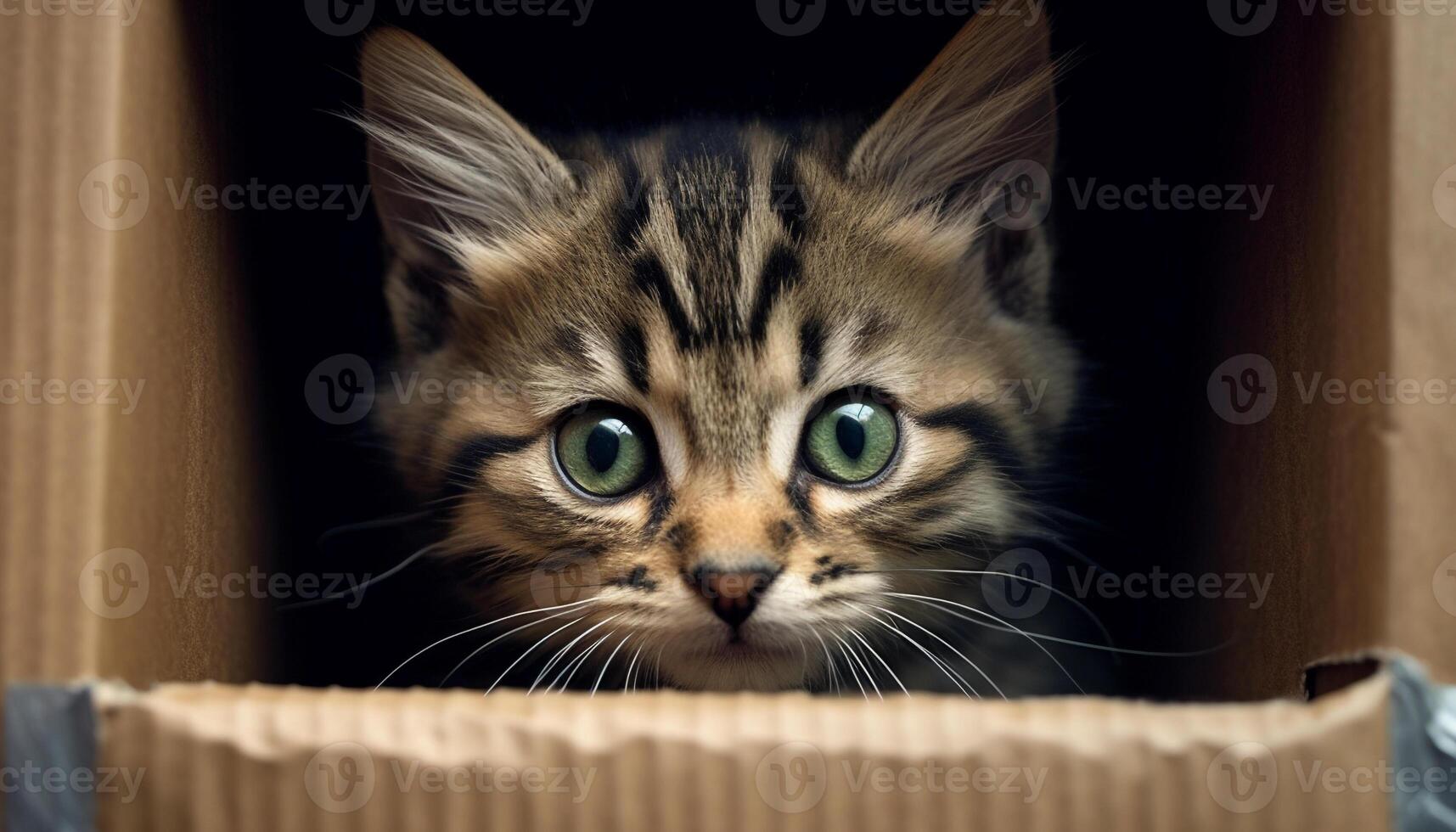 Cute kitten hiding, peeking, staring, playful, looking at camera generated by AI photo