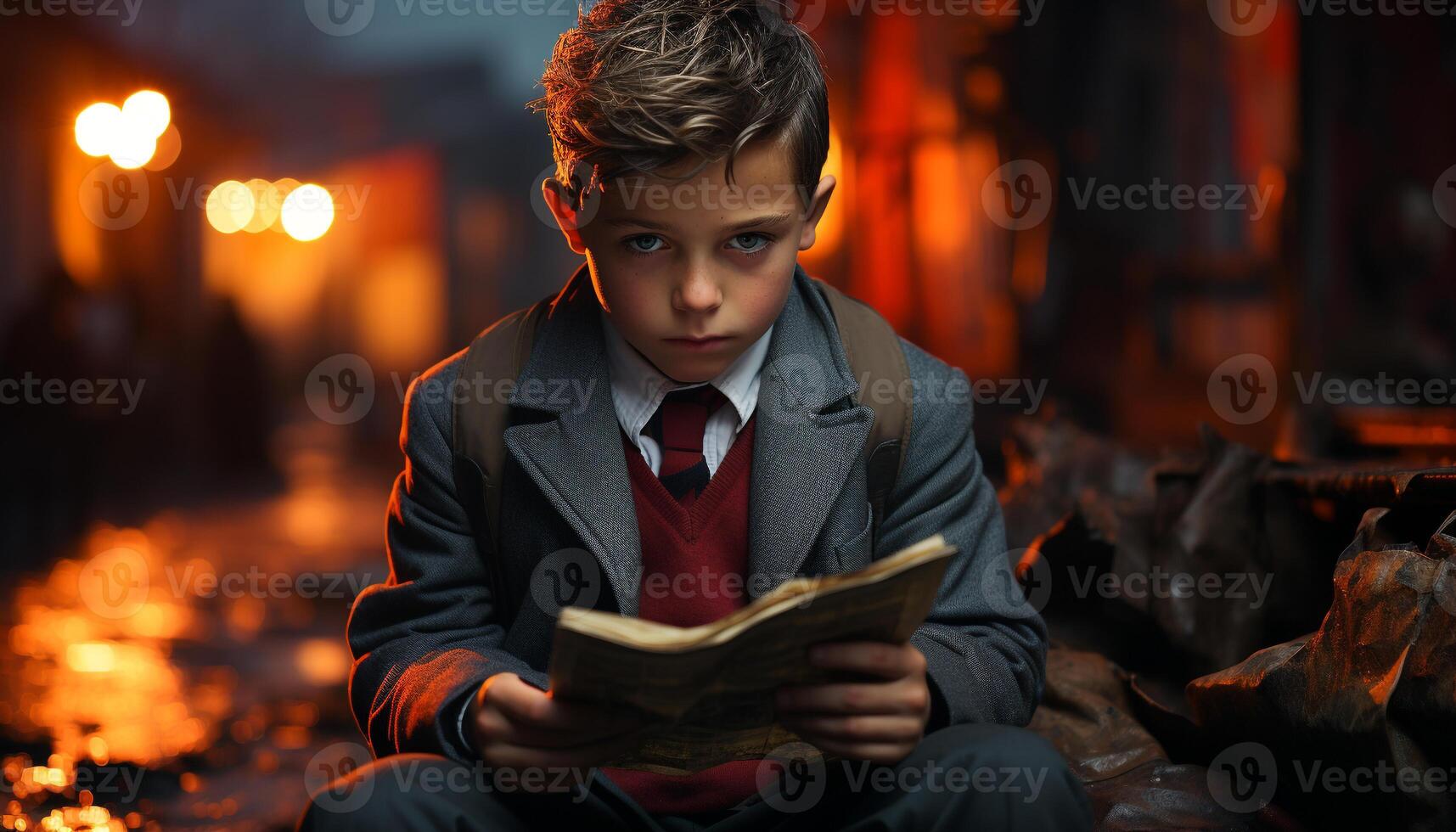 One child sitting outdoors, reading book, surrounded by flickering flame generated by AI photo