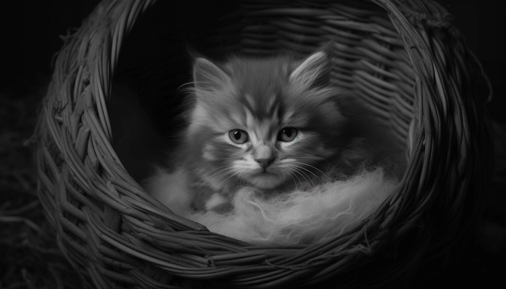 Cute kitten playing with toy, sitting in grass basket generated by AI photo