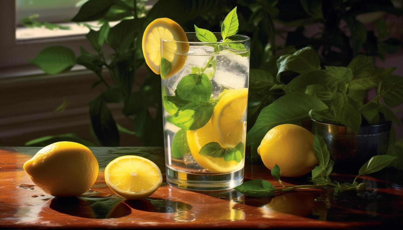 Fresh lemon slice on wooden table, refreshing summer cocktail generated by AI photo
