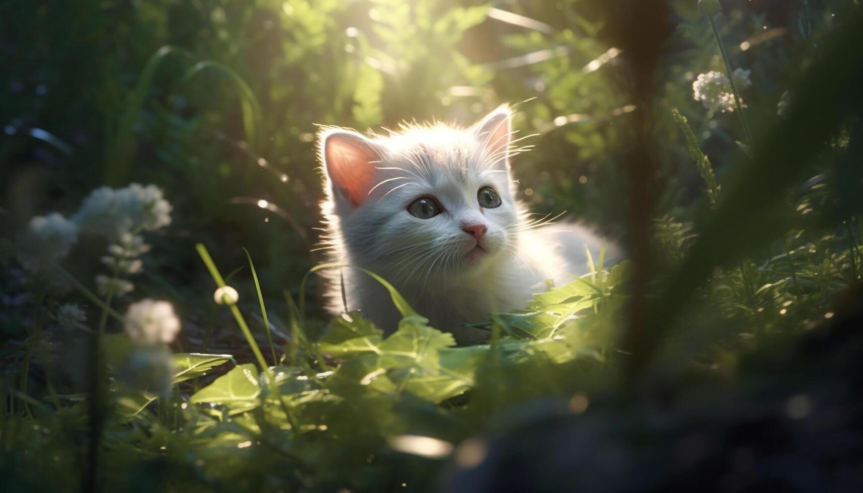 Cute kitten sitting in grass, staring at camera playfully generated by AI photo