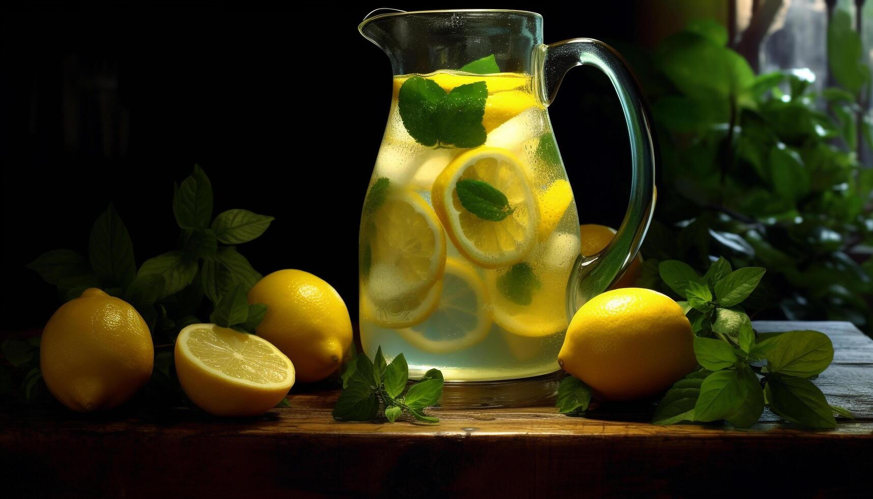 Fresco limonada en un de madera mesa, adornado con menta generado por ai foto