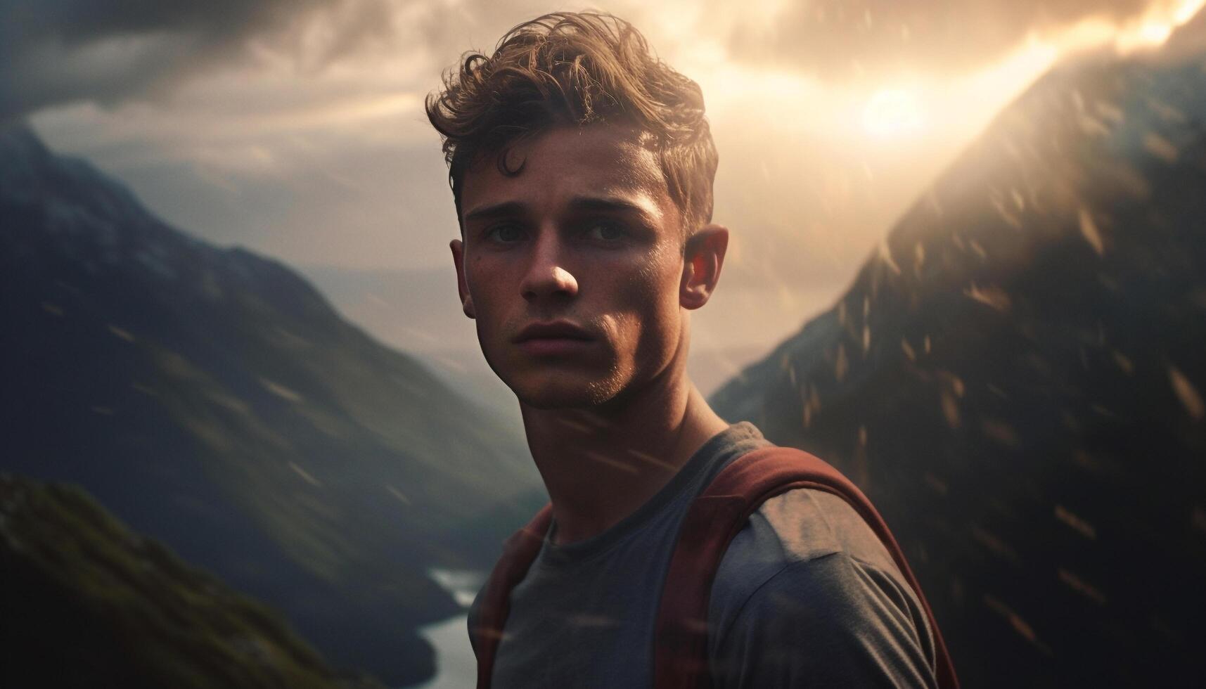 Young adult man hiking in nature, enjoying outdoor adventure generated by AI photo