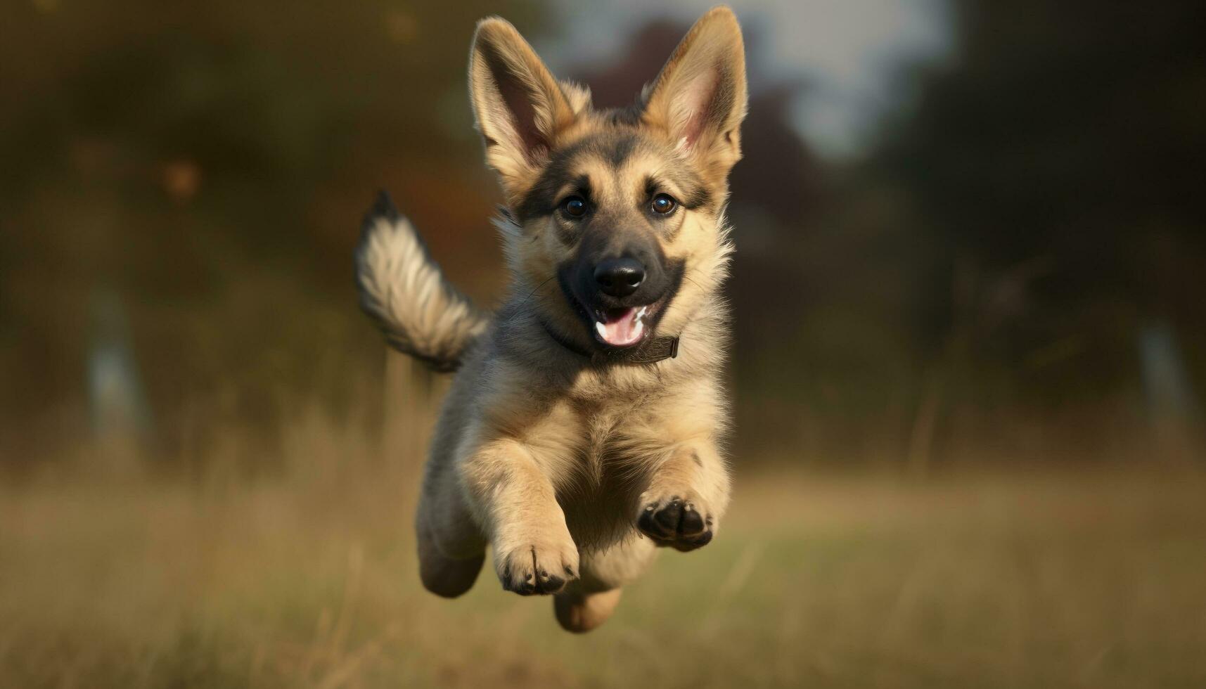 Cute puppy running in grass, playful and cheerful outdoors generated by AI photo