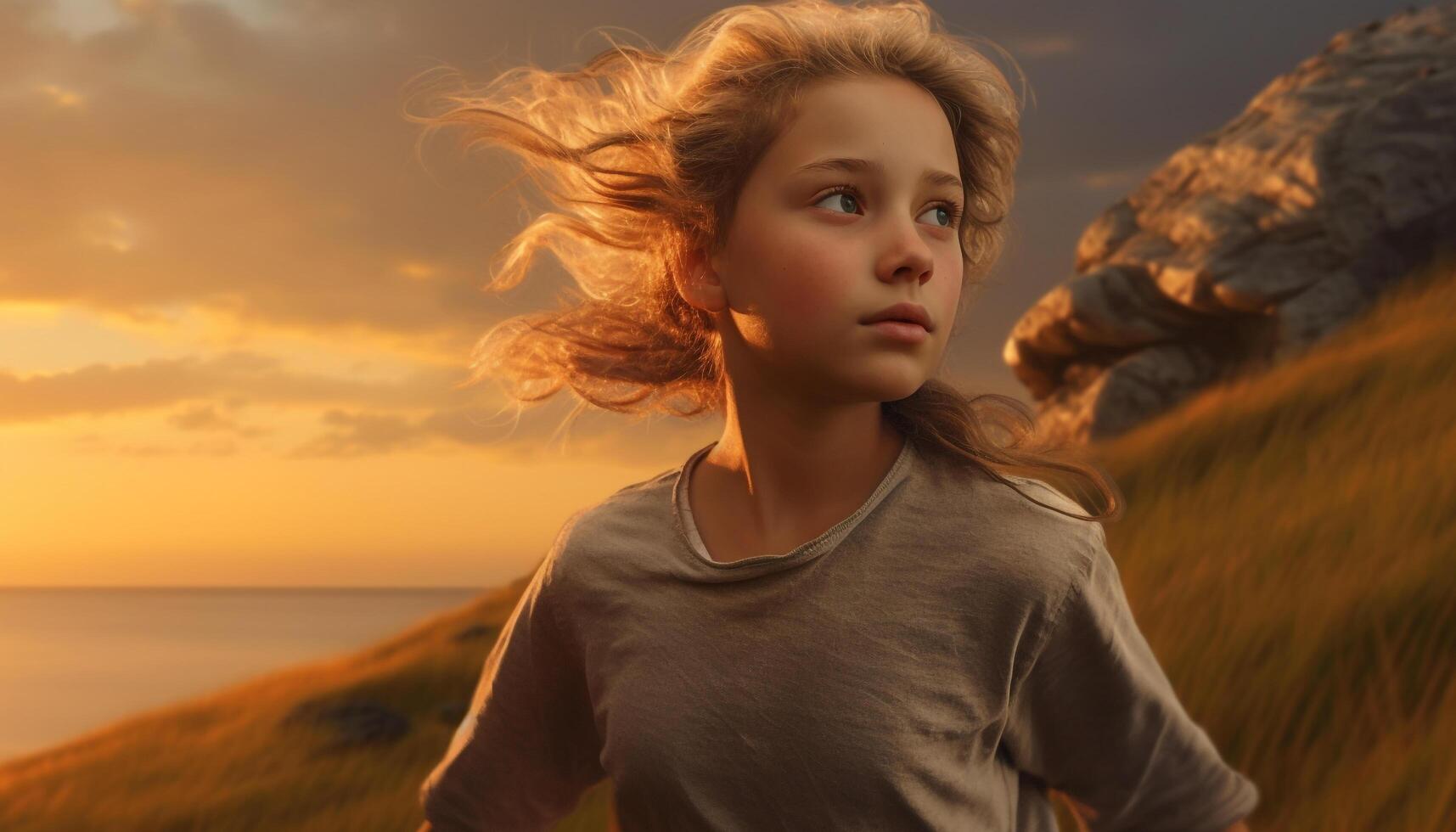 A cheerful child enjoys the beauty of nature outdoors generated by AI photo