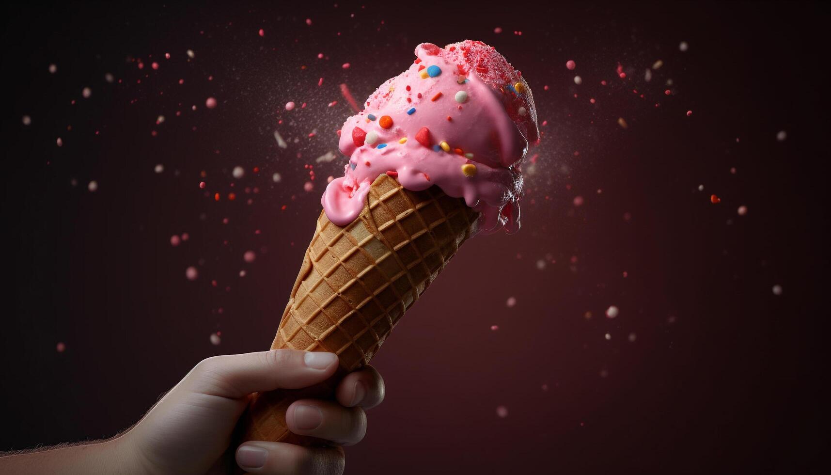 Hand holding ice cream cone, enjoying sweet summer dessert generated by AI photo